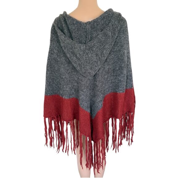 Hooded Fringe Knit Poncho Gray Red Boho Western Cottagecore Alpaca Blend Cozy - Picture 5 of 8
